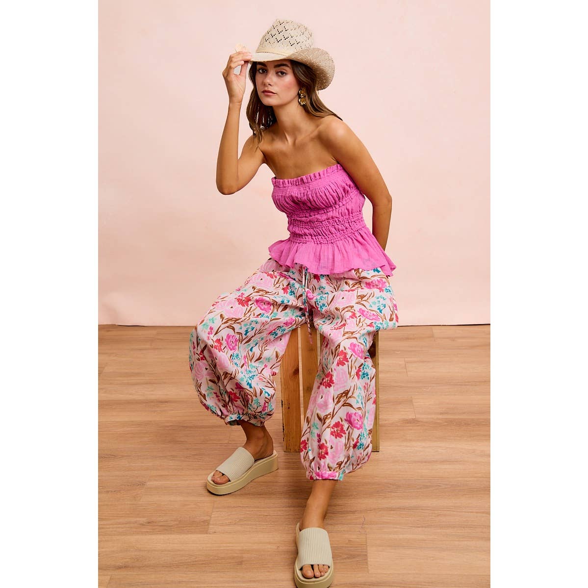 FLOWER PRINTED ELASTIC WAIST BALLOON PANTS