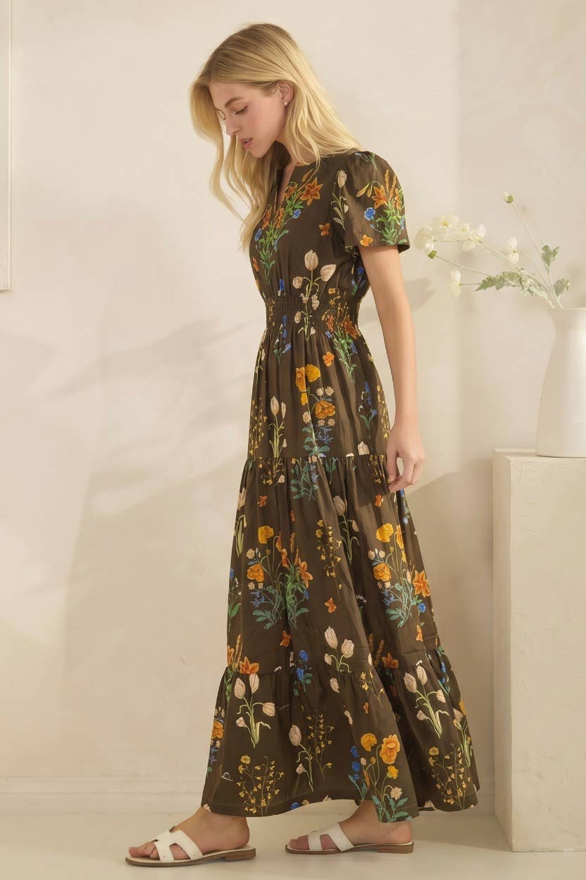 Floral Print Short Sleeve Tiered Maxi Dress