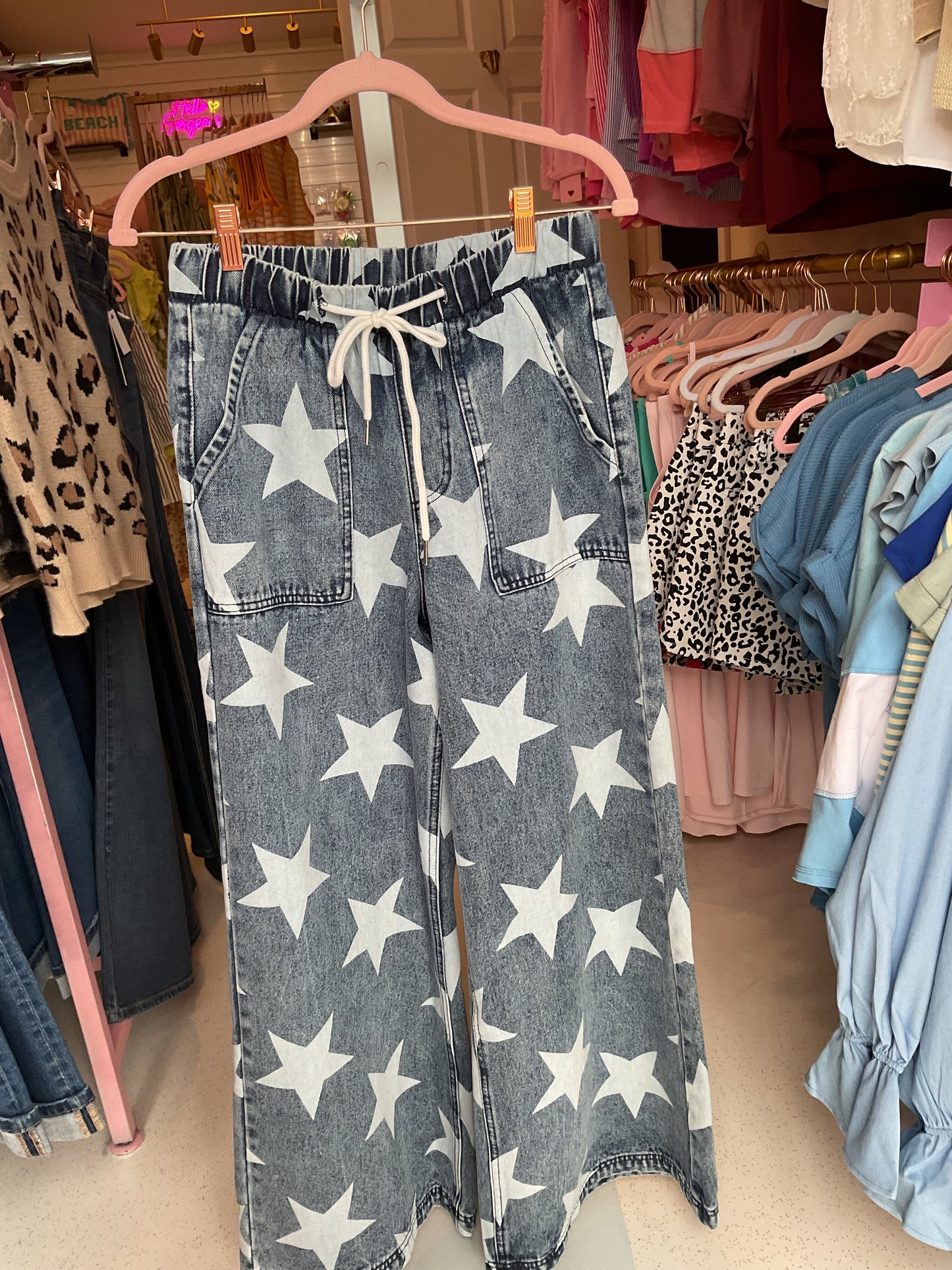 Star Print Drawstring Wide Leg Denim Pants