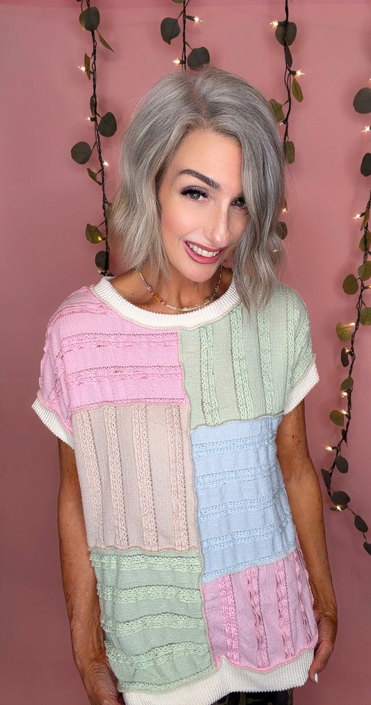 Color Block Textured Patchwork Short Sleeve Top
