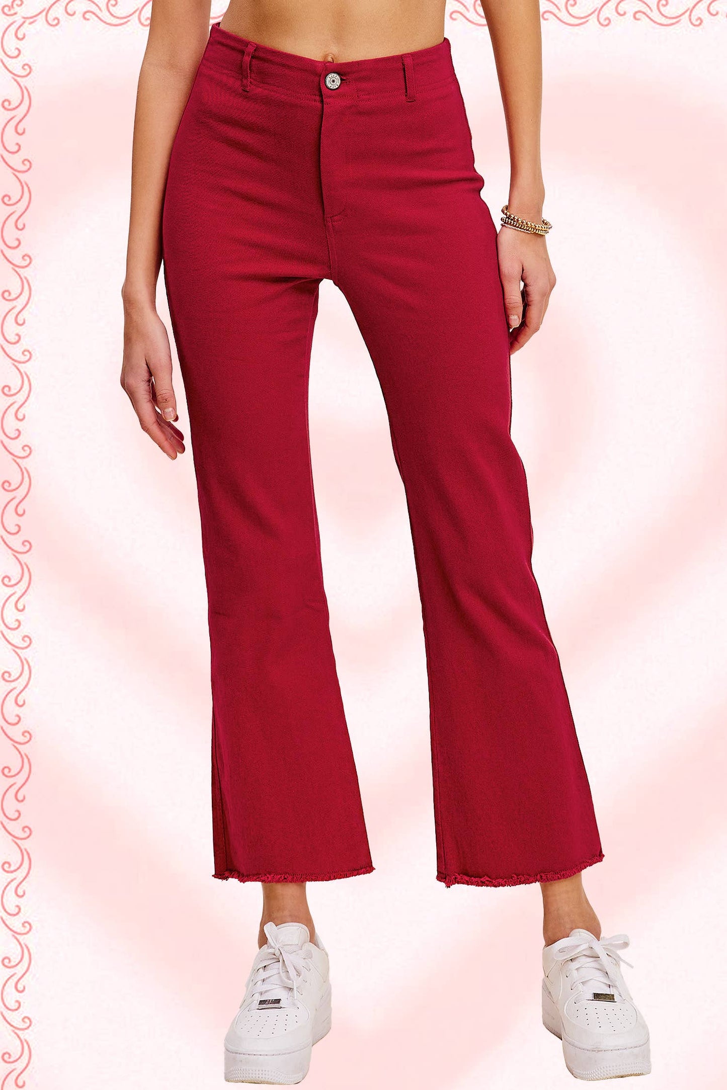 Soft Washed Stretchy High Waisted Flare Pants: Red / L