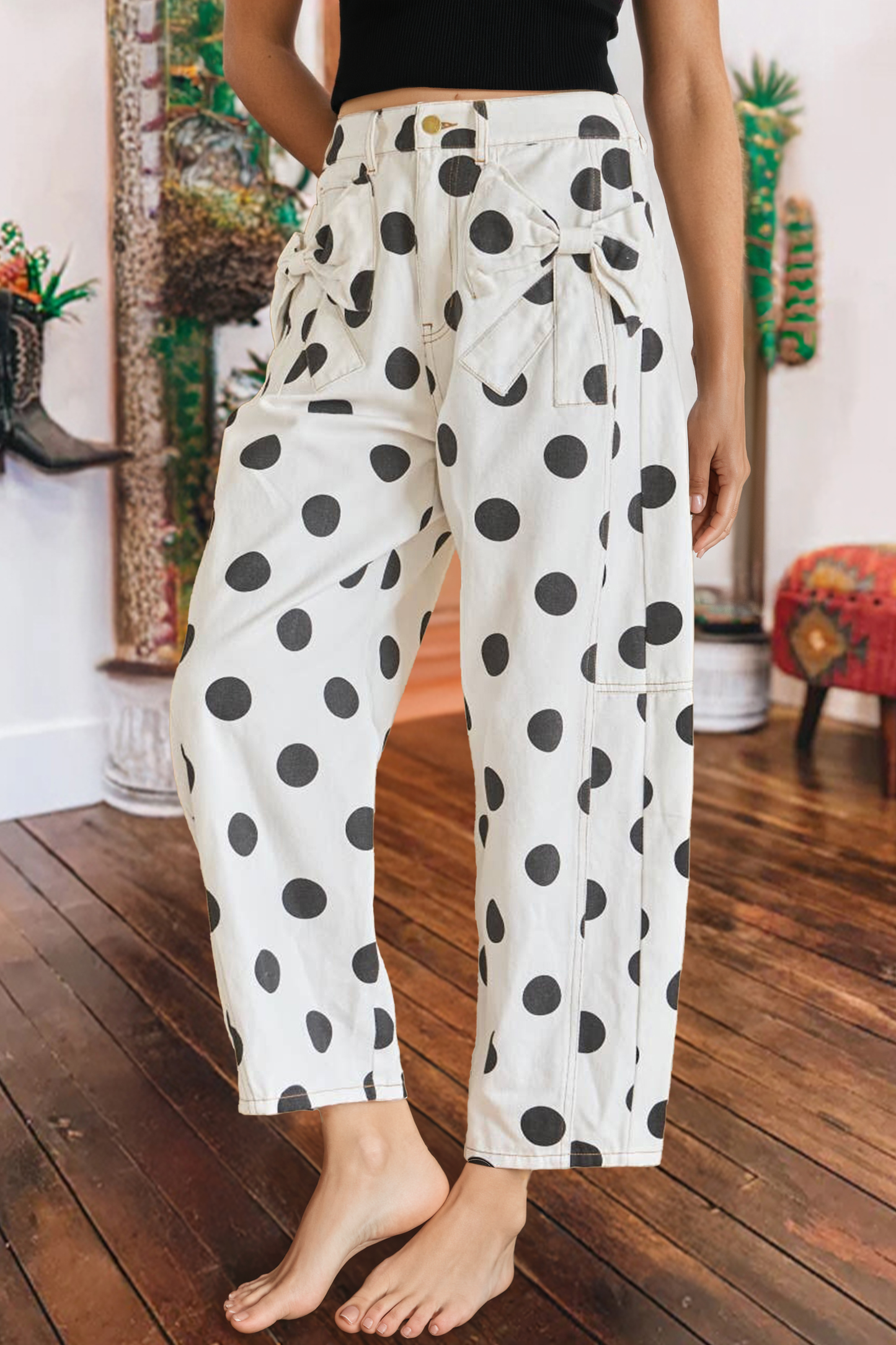 Polka Dot Print Bow Detail Pocketed Denim Pants