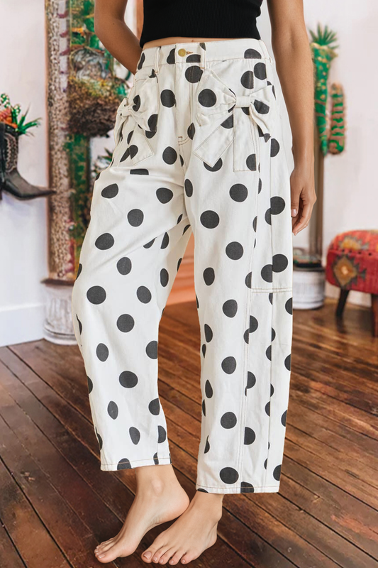 Polka Dot Print Bow Detail Pocketed Denim Pants