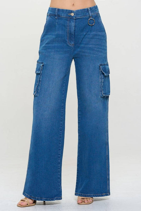 Medium Wash - High Rise Wide Leg Cargo Jeans