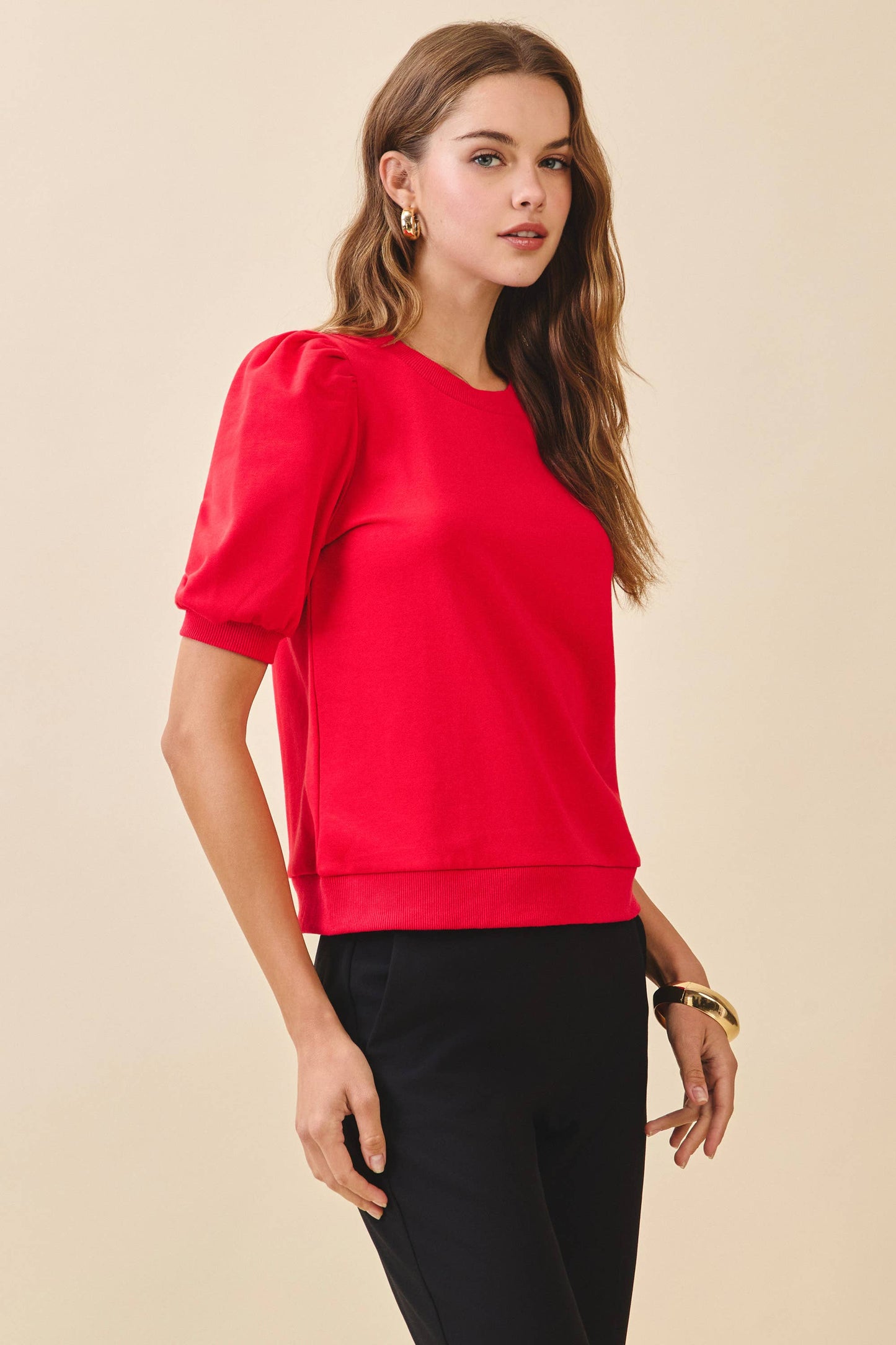 Crew Neck Short Puff Sleeves Knit Top