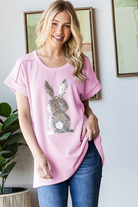 SHORT SLEEVE SOLID URBAN RIBB TOP WITH RABBIT
