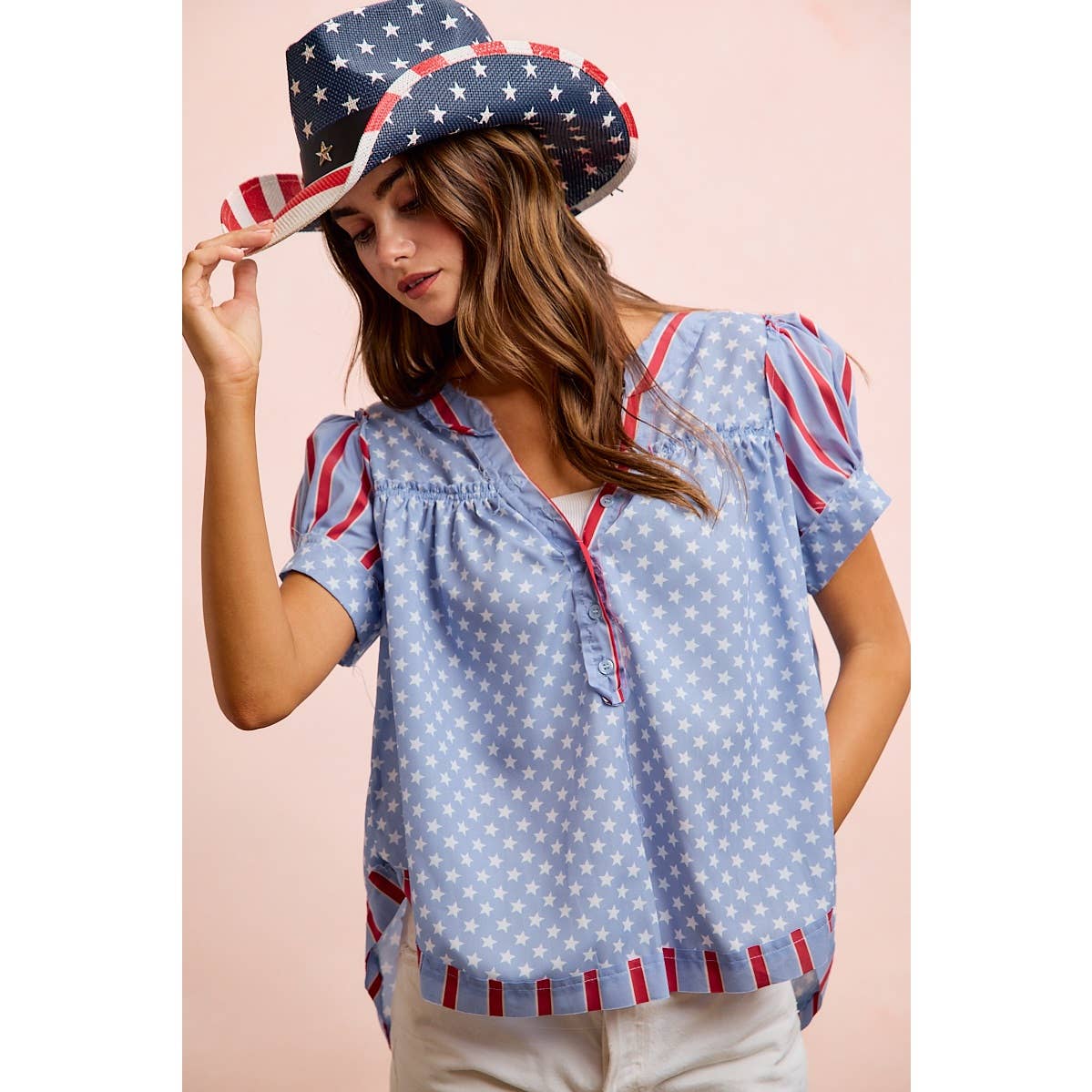 4TH OF JULY STRIPES AND STARS PUFF SLEEVES TOP
