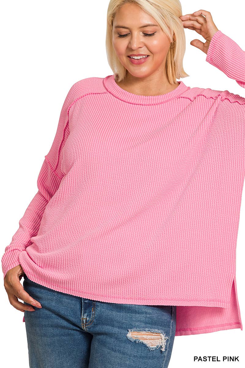 Plus Raised Rib Raw Edge Boat Neck Long Sleeve Top