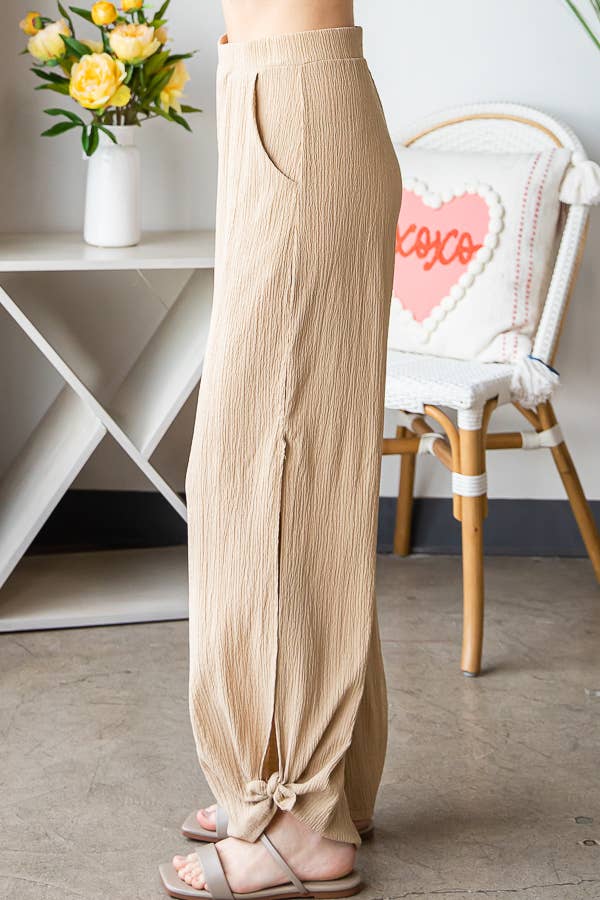 Lightweight Crinkle Ankle Tie Split Side Flowy Pants  P5047