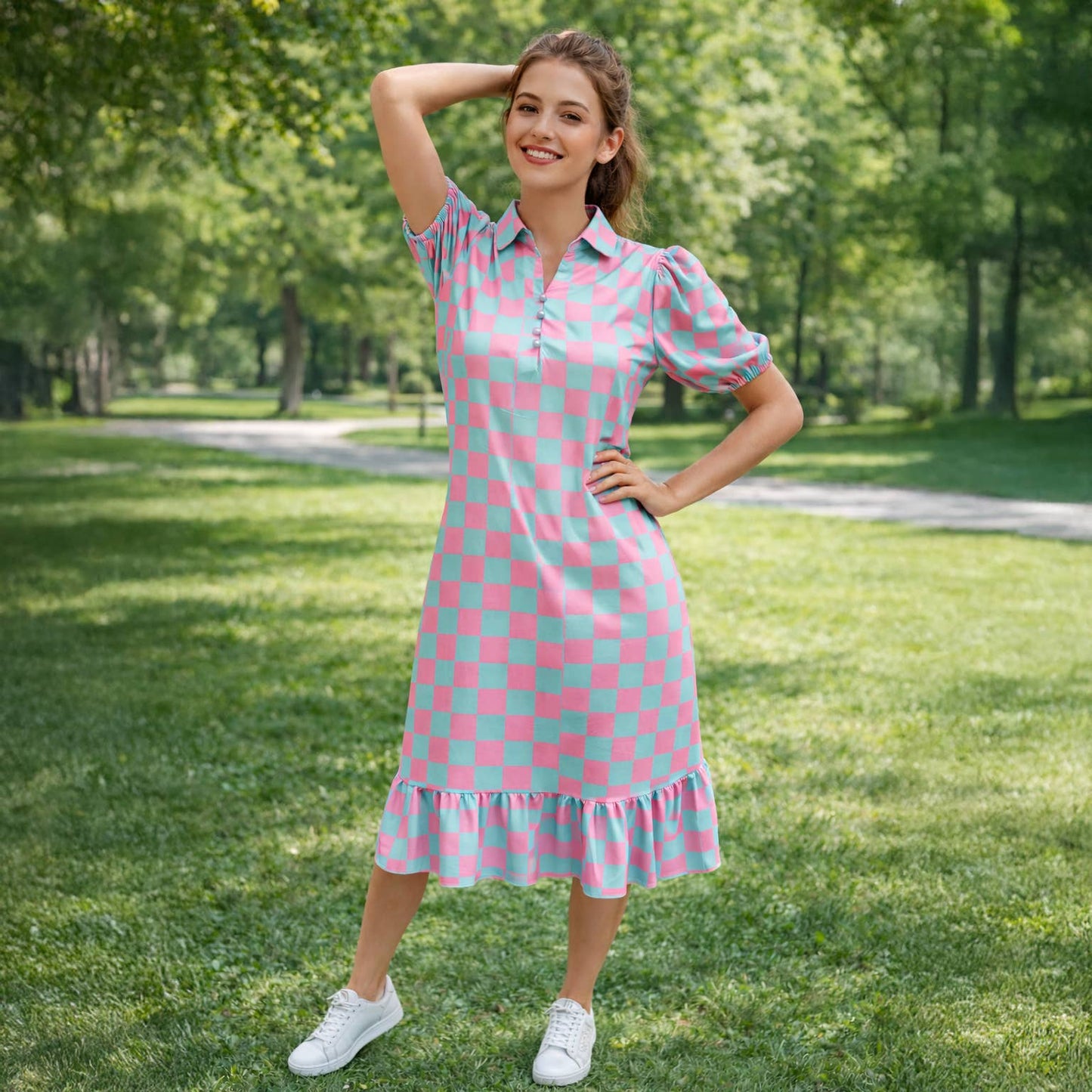 Pink & Light Blue Checkered Midi Dress with Pockets
