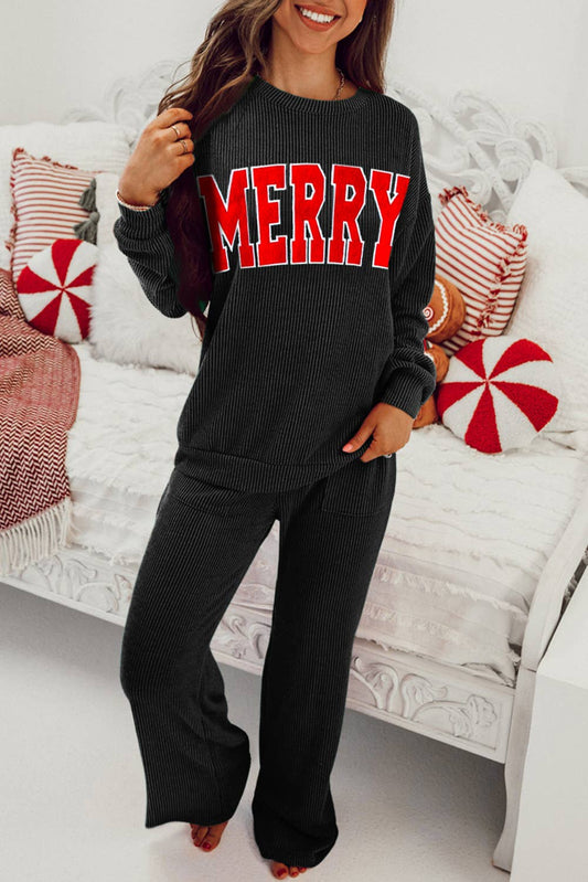 JOLLY/MERRY Ribbed Knit Long Sleeve Top and Pants Set (S-XL)