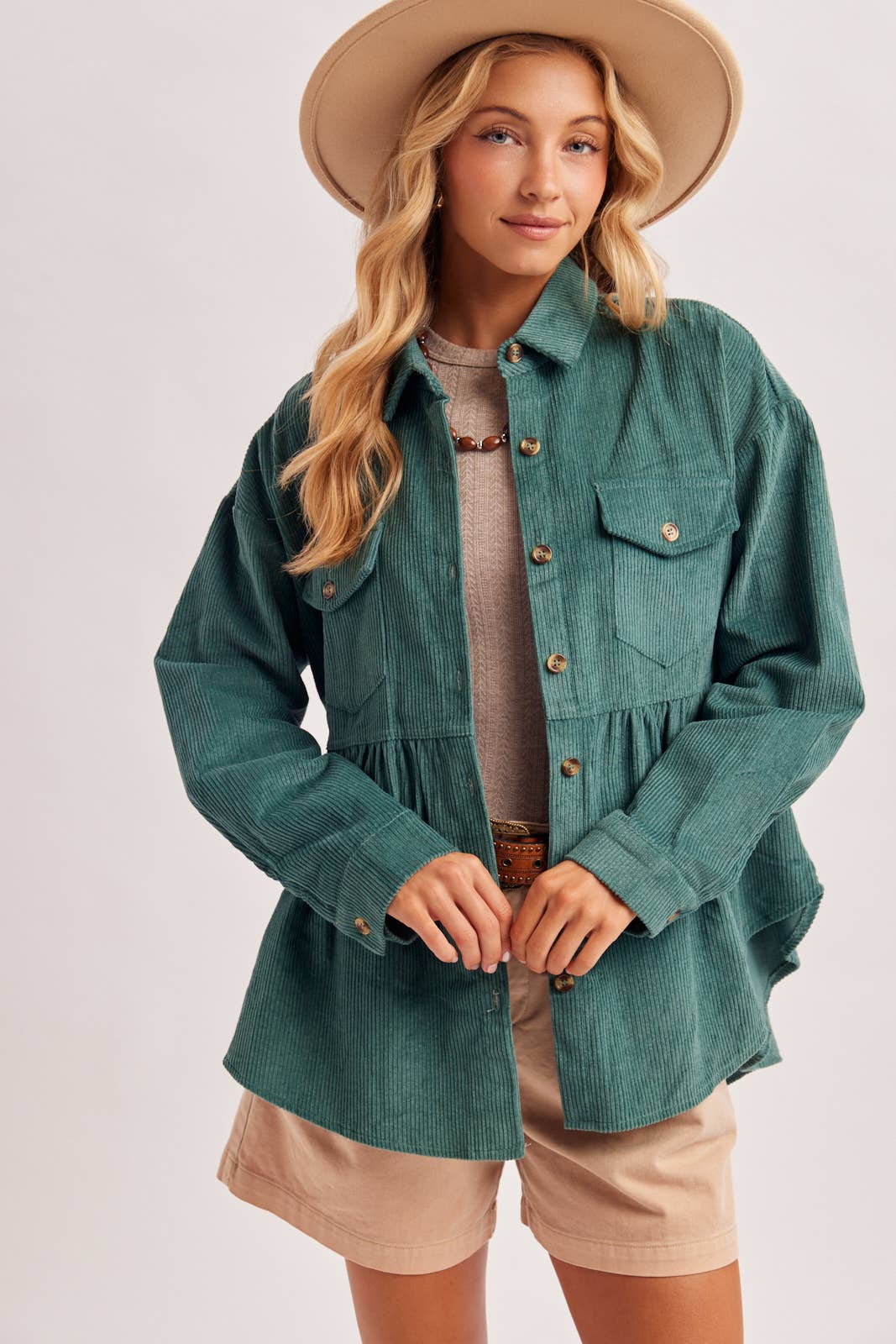 BUTTON DOWN CORDUROY PEPLUM SHACKET