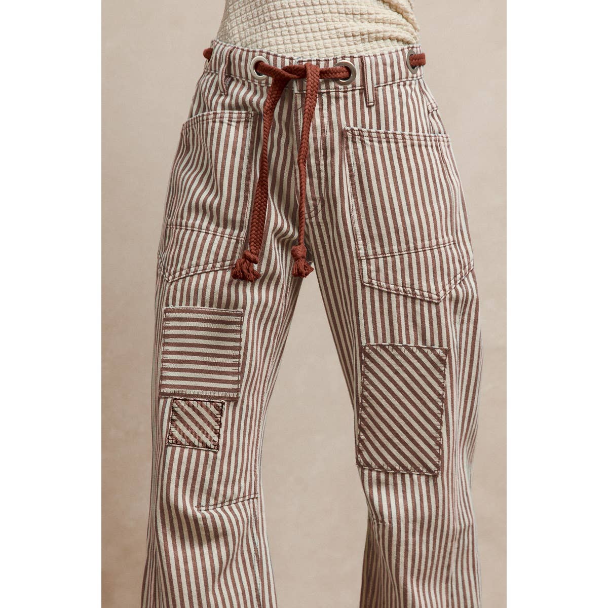 STRIPED TWILL BARREL PANTS
