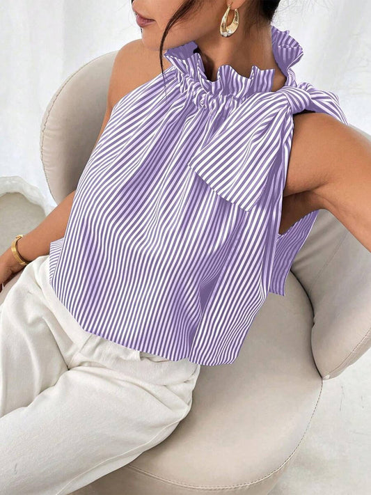 Sleeveless Striped High Neck Knot Sleeveless top