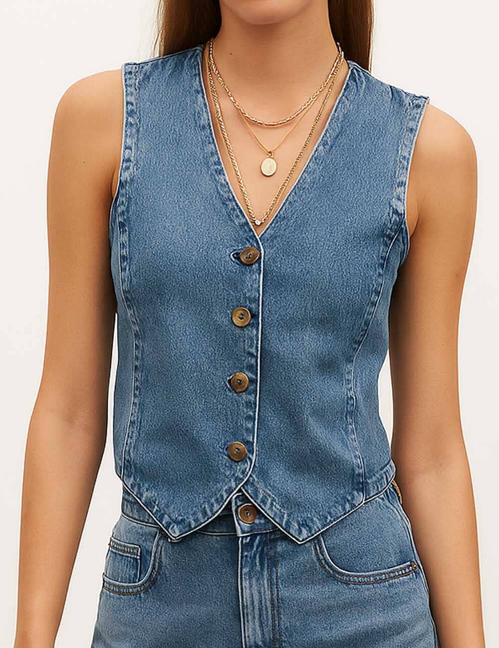 Sweetkama Denim Solid V-Neck Sleeveless Women Daily Vest