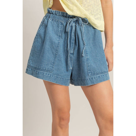 Elastic Waist Patch Pocket Denim Shorts
