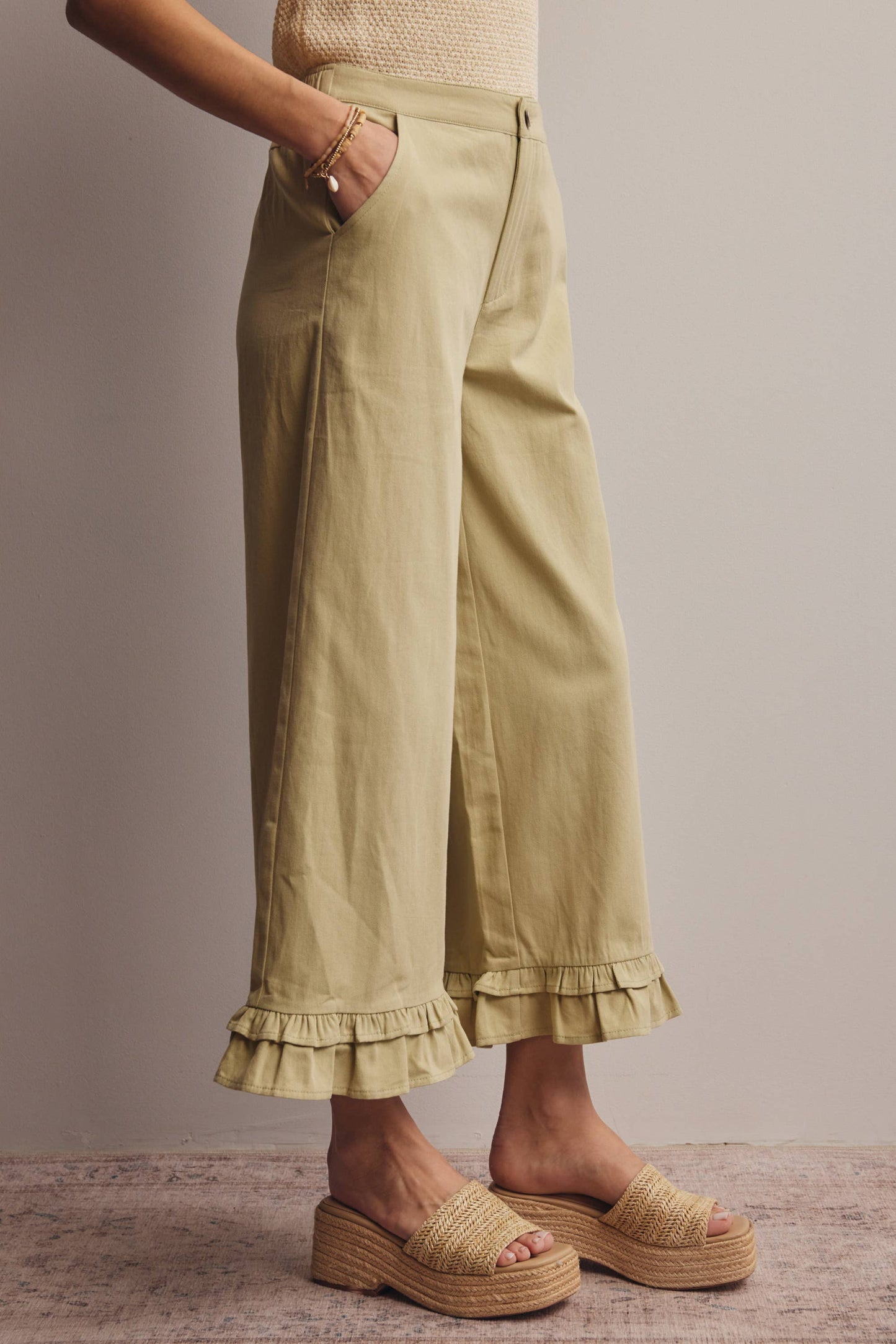 Ruffle Hem Wide-Leg Pants