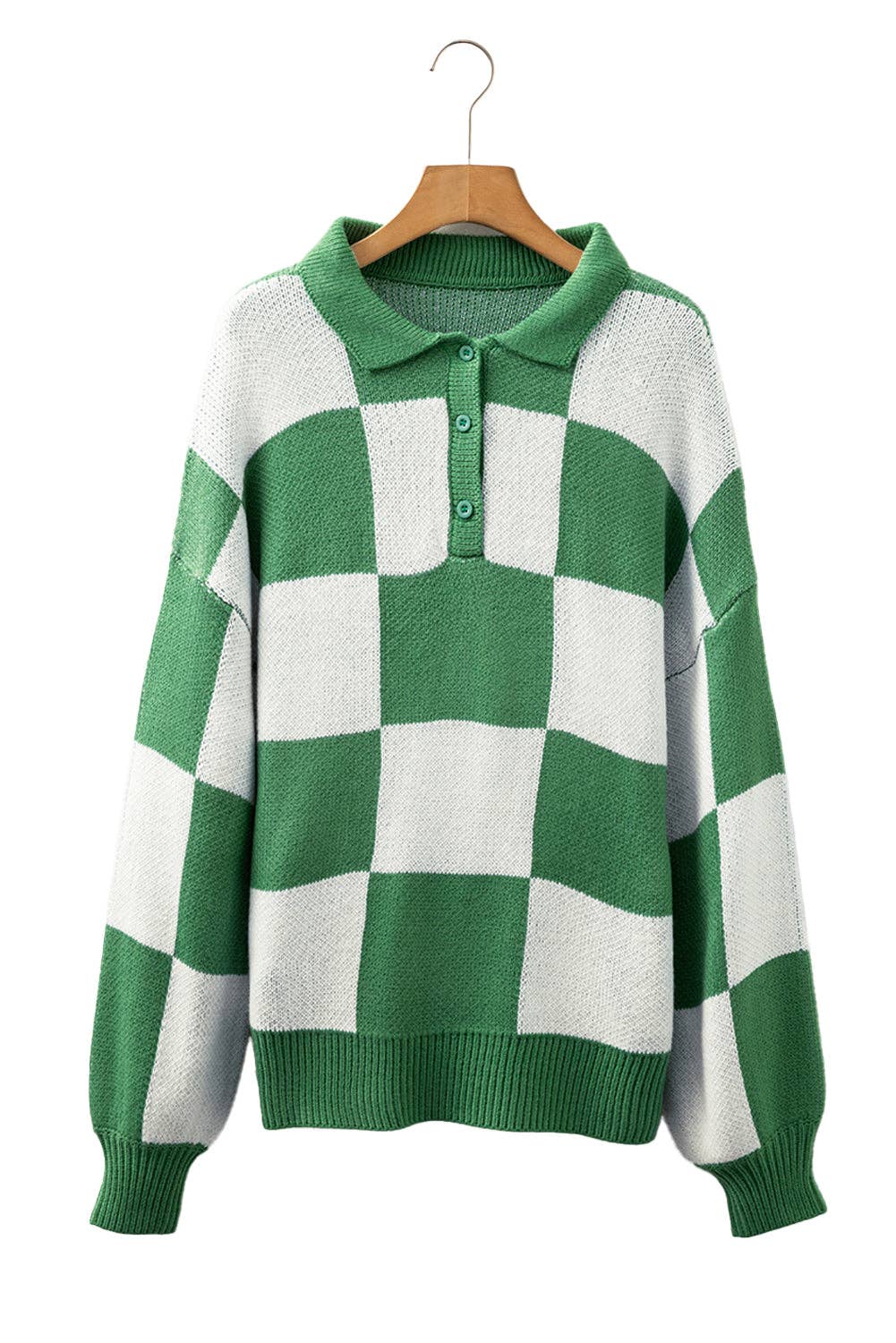 V Neck Checkered Sweater - Green