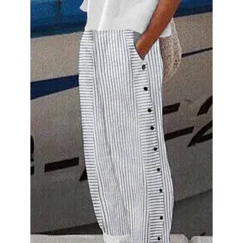 Loose Buttoned Pockets Striped Pants Trousers