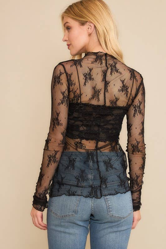 Floral Mesh Lace Mock Neck Long Sleeve Fitted sheer top