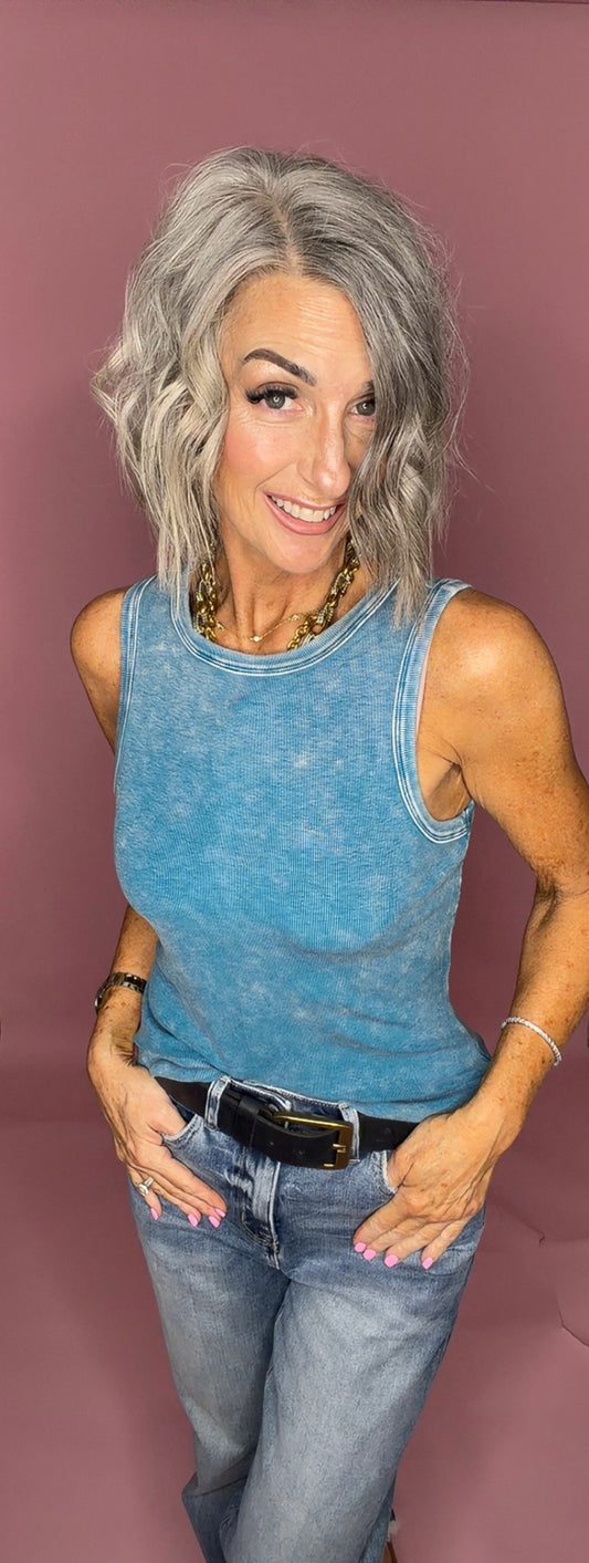 Mineral Washed Back Patch Detail Breathable Tank Top