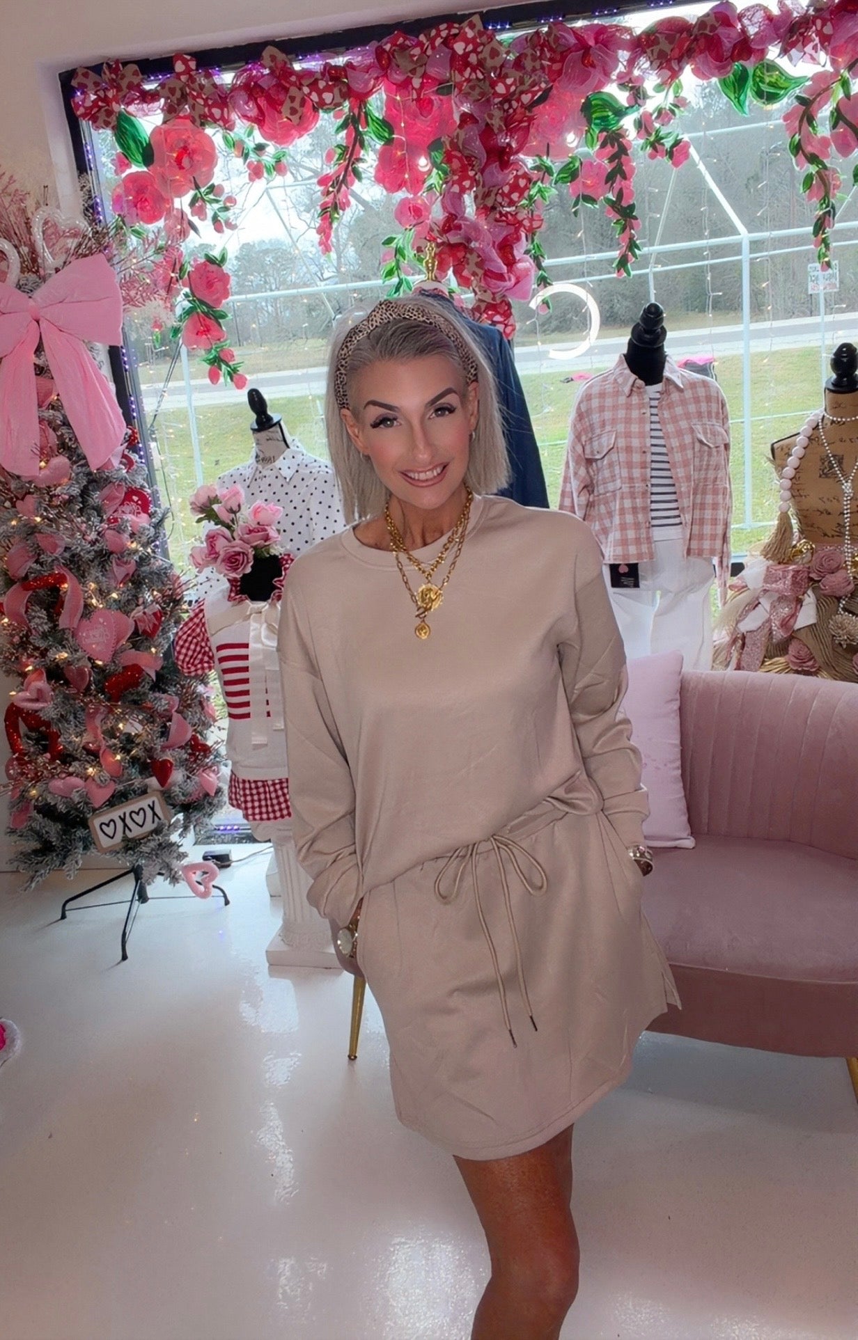 Solid Drop Shoulder Pullover & Drawstring Mini Skirt Outfit