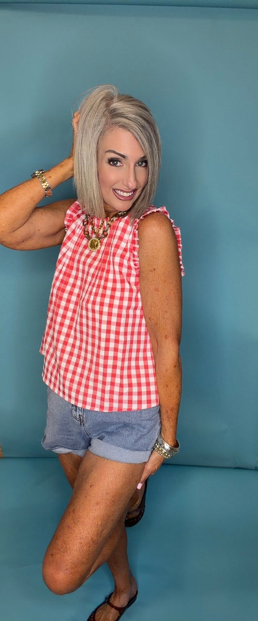 GINGHAM PRINT PINTUCK DETAIL TOP