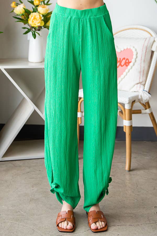 Lightweight Crinkle Ankle Tie Split Side Flowy Pants  P5047