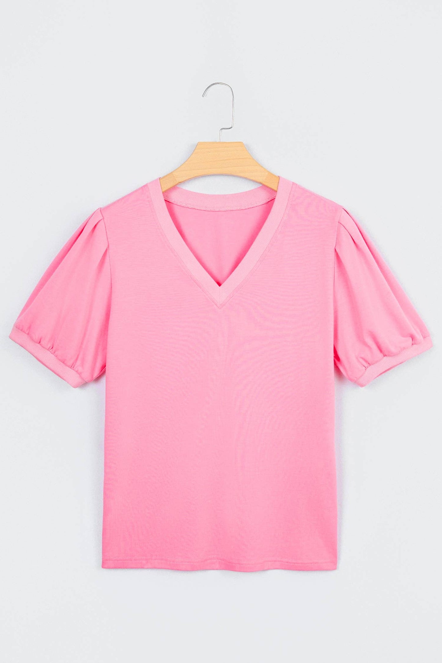 Bonbon Solid V Neck Puff Sleeve Lightweight Blouse Top