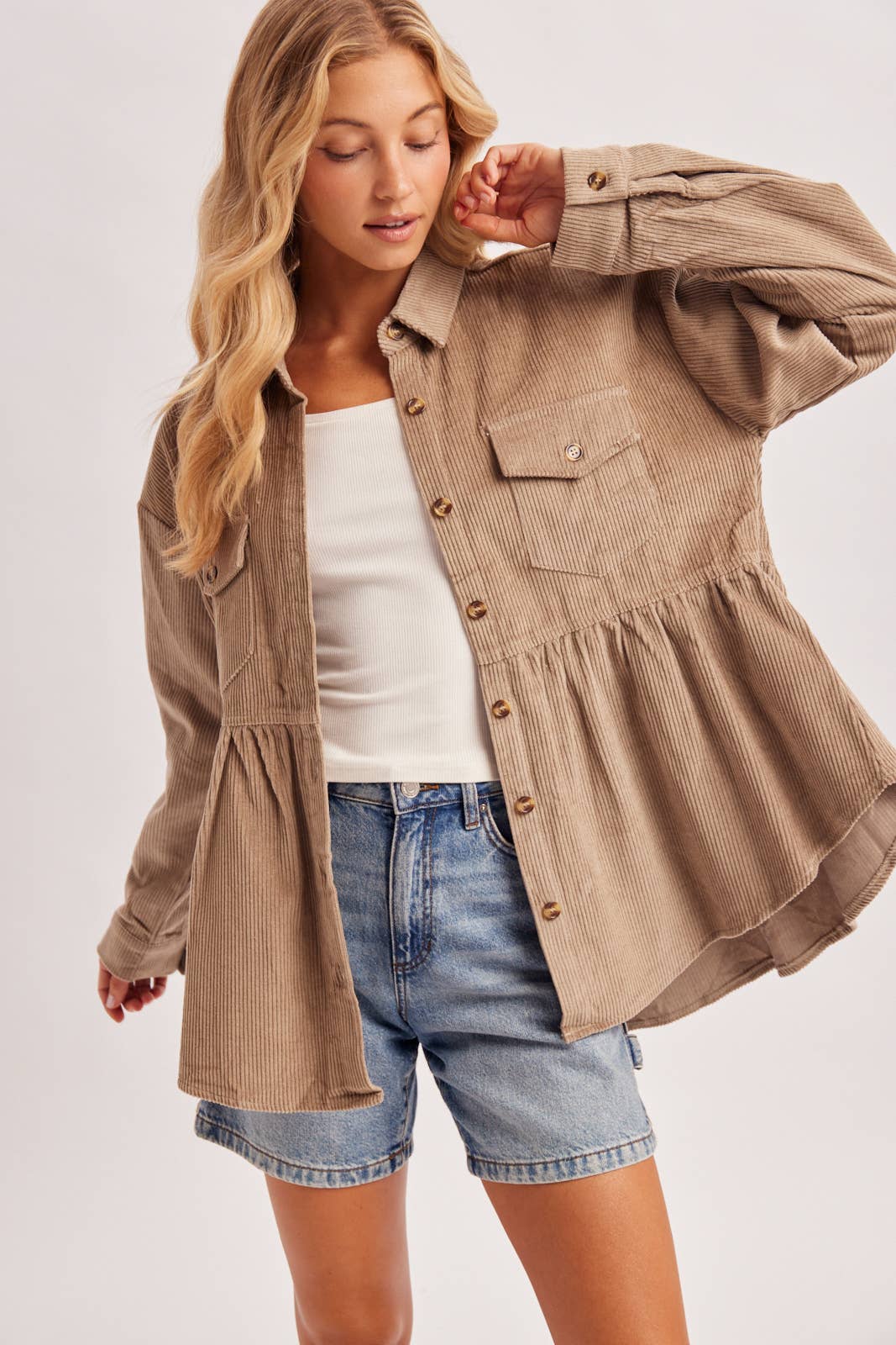 BUTTON DOWN CORDUROY PEPLUM SHACKET