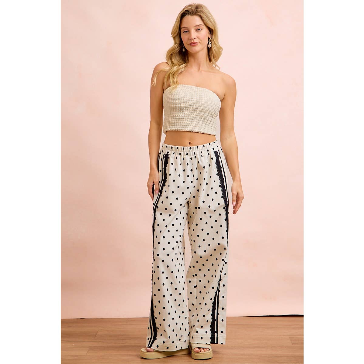 POLKA DOT PRINTED TWILL LACE TRIM DETAIL PANTS