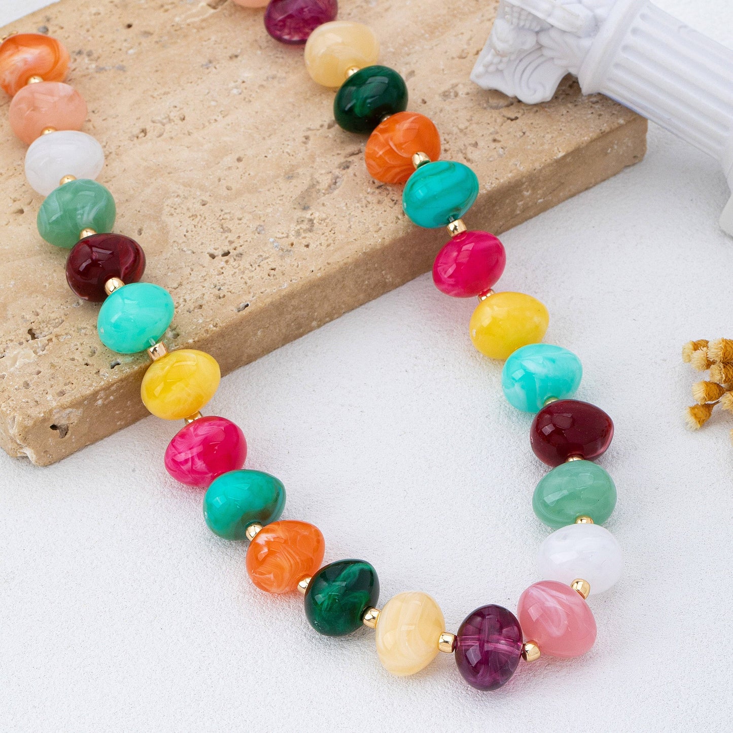 Multi Colored Resin Pebble Beaded Necklace | 80N93363