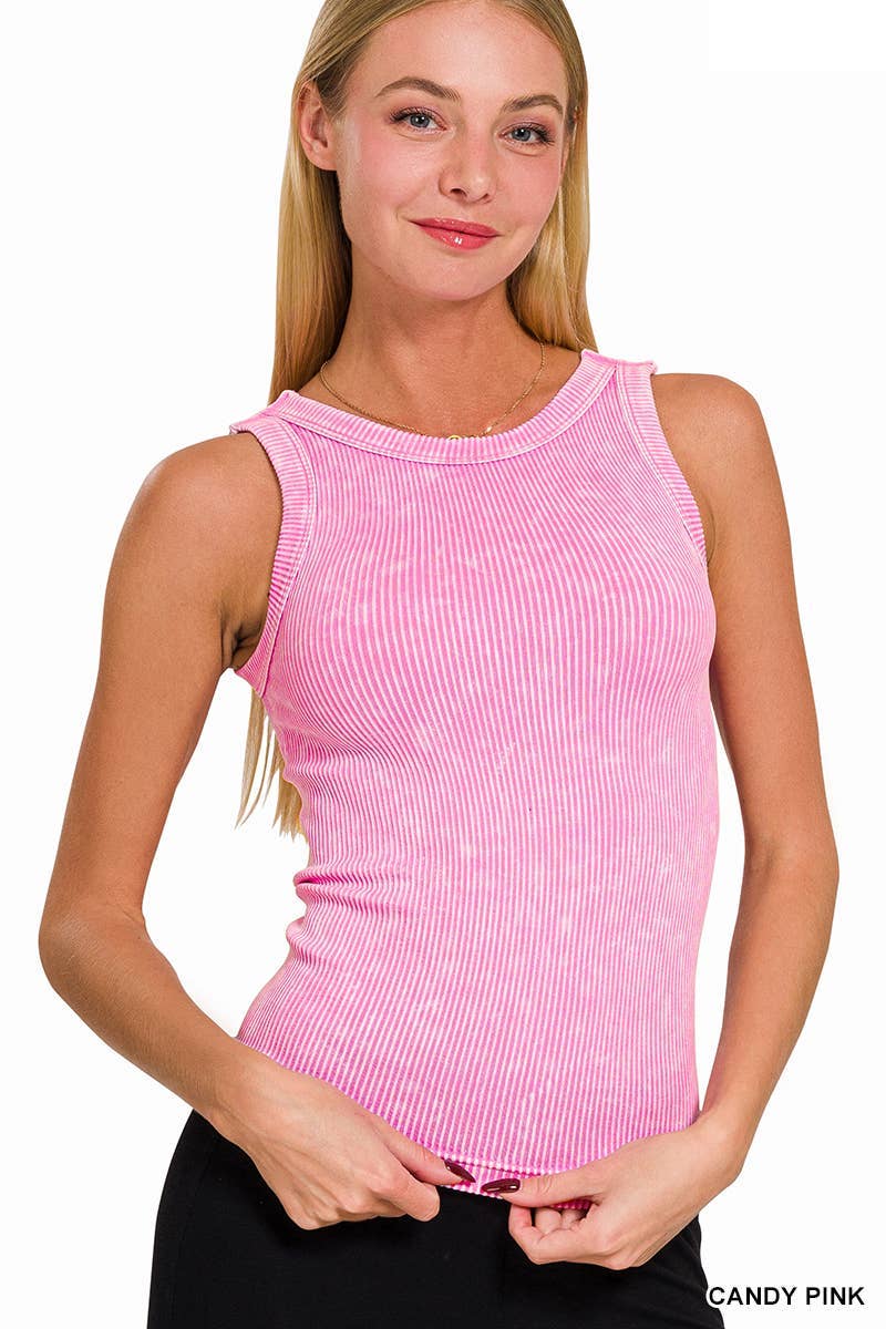 2 Way Neckline Washed Ribbed Seamless Tank Top