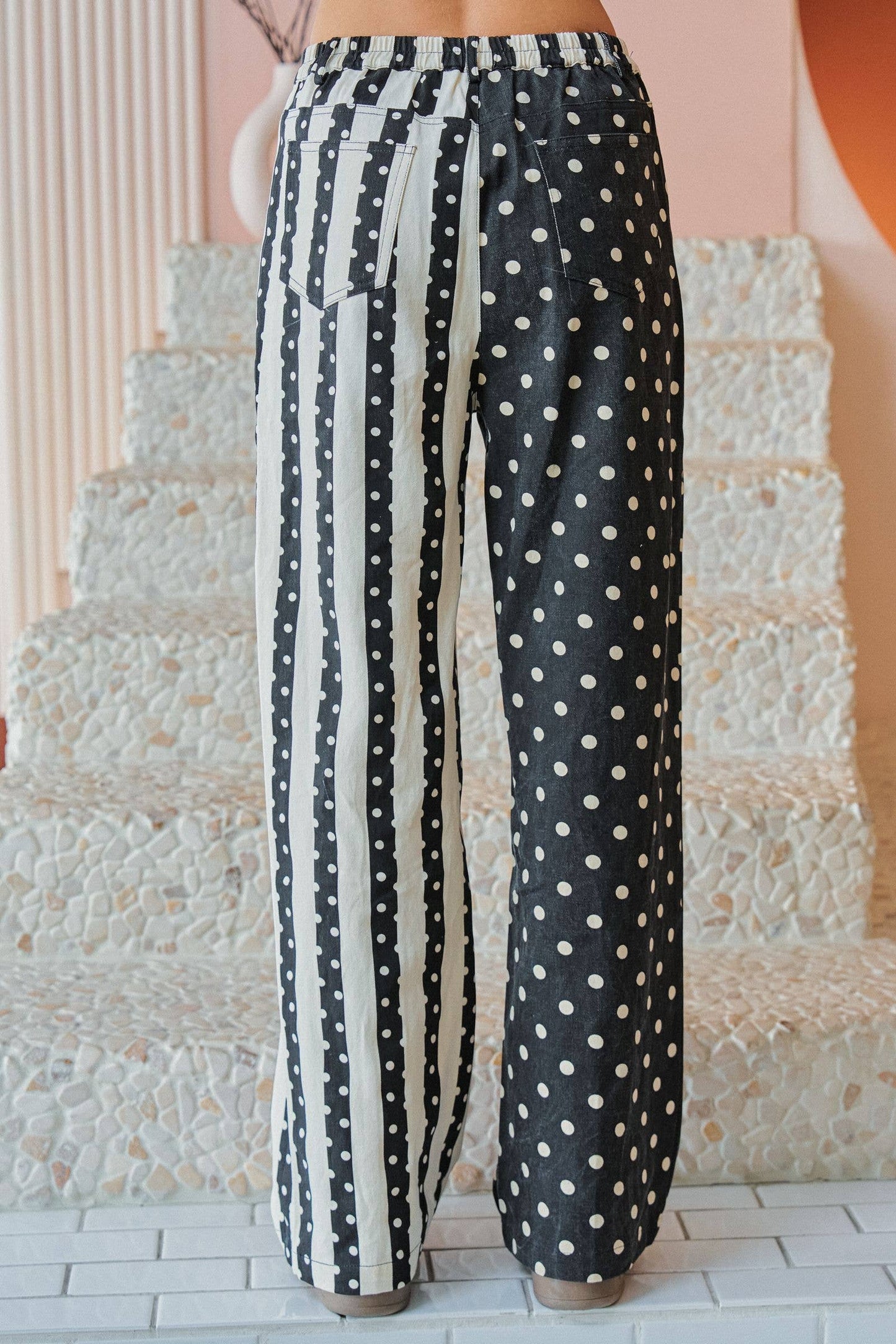 MIX DOT & STRIPE PANEL WIDE LEG PANTS