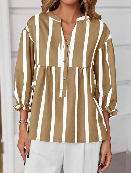V-neck half sleeve blouse peplum top in contrast stripe