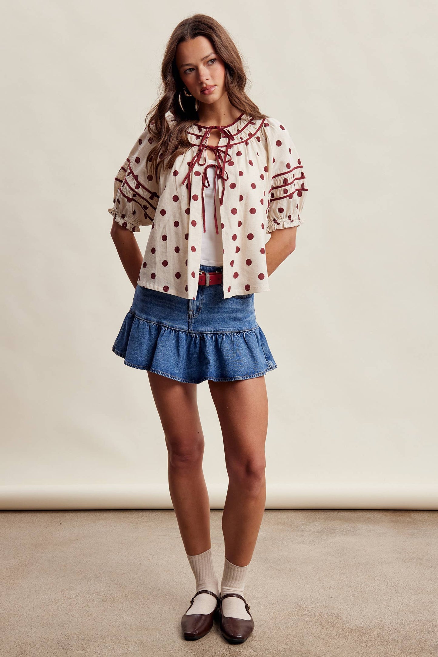 Polka Dot Ruffle Trim Blouse LT1456