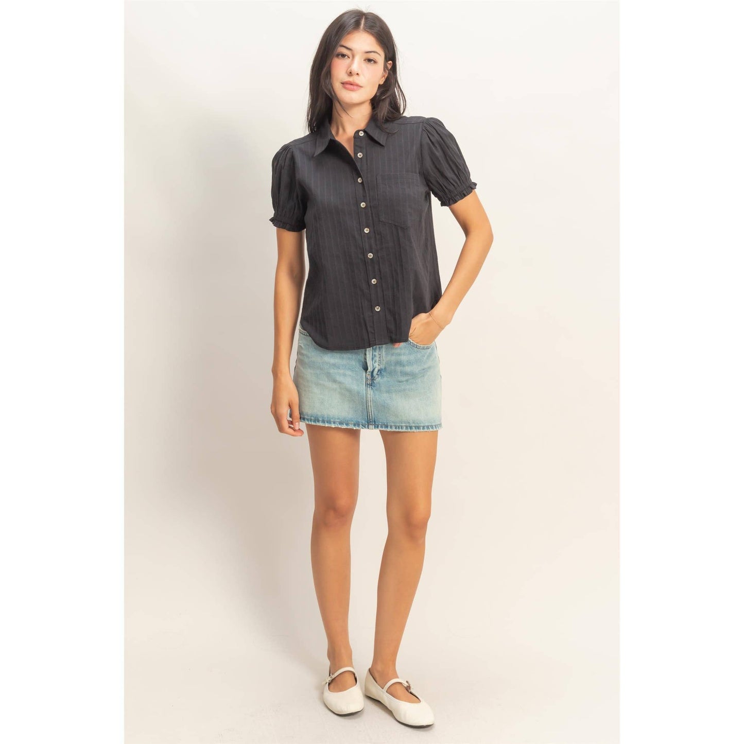 Button-Up Puff Short Sleeve Shirt
