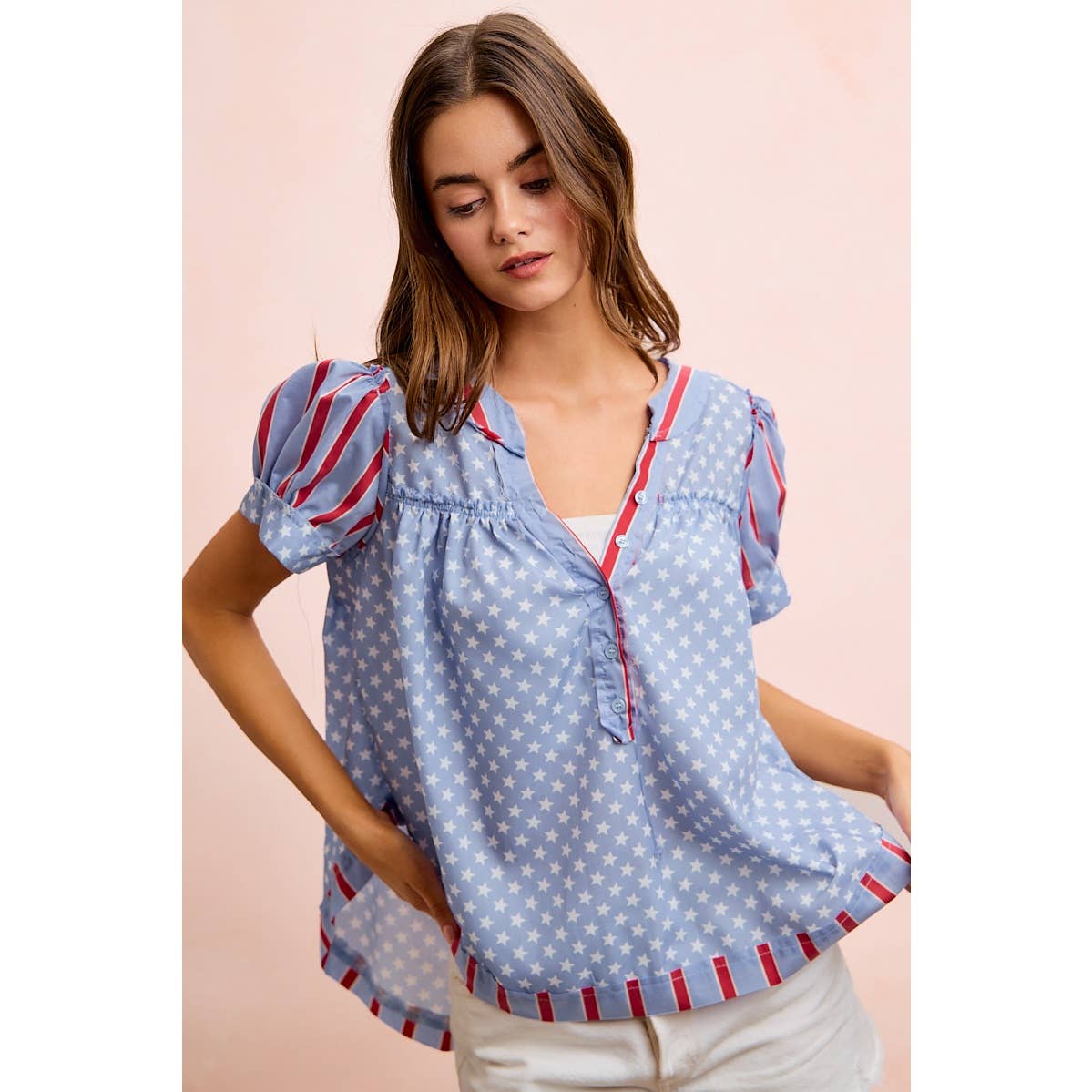 4TH OF JULY STRIPES AND STARS PUFF SLEEVES TOP