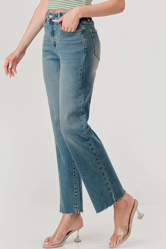 T.Dark Wash - Hi-Rise Raw Hem Cowboy Straight Fit