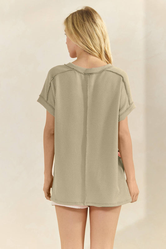 Rib Knit Floral Contrast Panel Short Sleeve Top