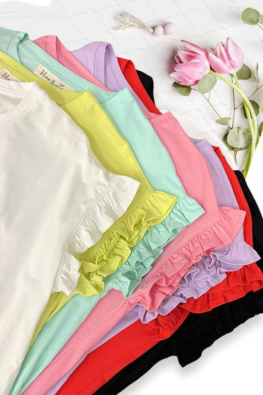 Ruffle Short-Sleeve Crew Neck 100% Cotton Top