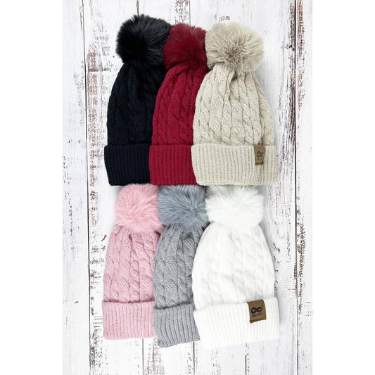 WINTER COLOR KNITTED BEANIE HAT WITH POMPOM