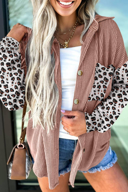 Leopard Patched Twisted Ribbed Western Casual Shacket
