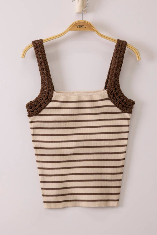 Crochet Sleeve Striped Knit Tank Top