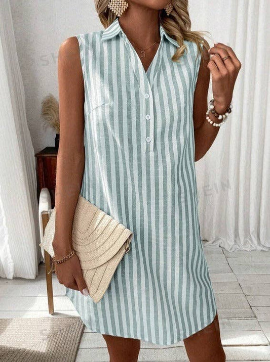 Sleeveless V Neck Button Down Striped Shirt Dress