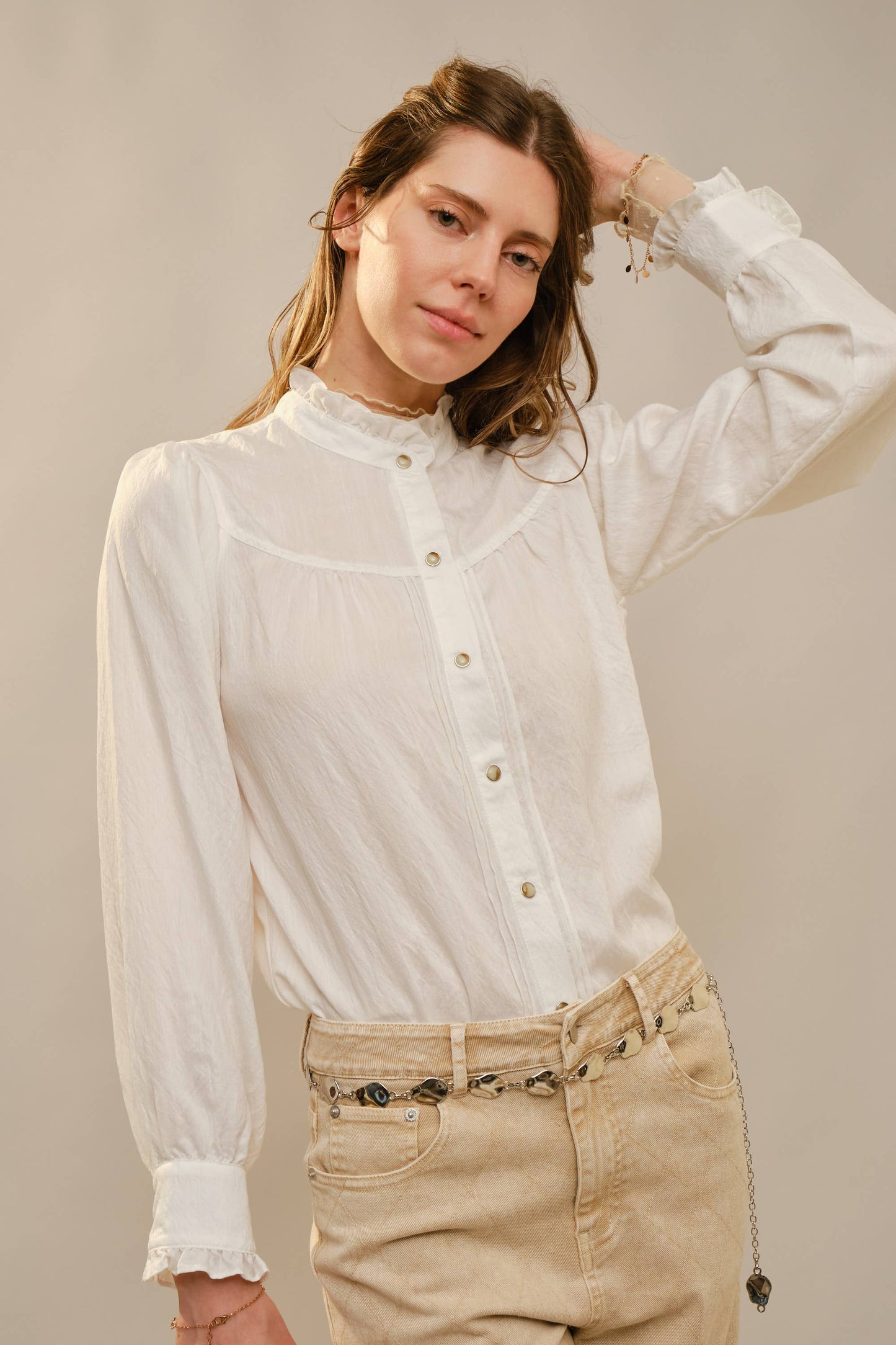 Ruffle Neck Denim Snap Button Shirt