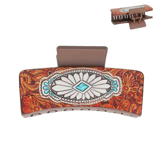 Western Concho Faux Leather Graphic Claw Hair Clip