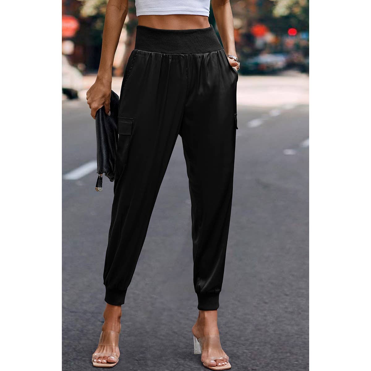 Elastic High Waist Sweatpants Sporty Pocket Pants