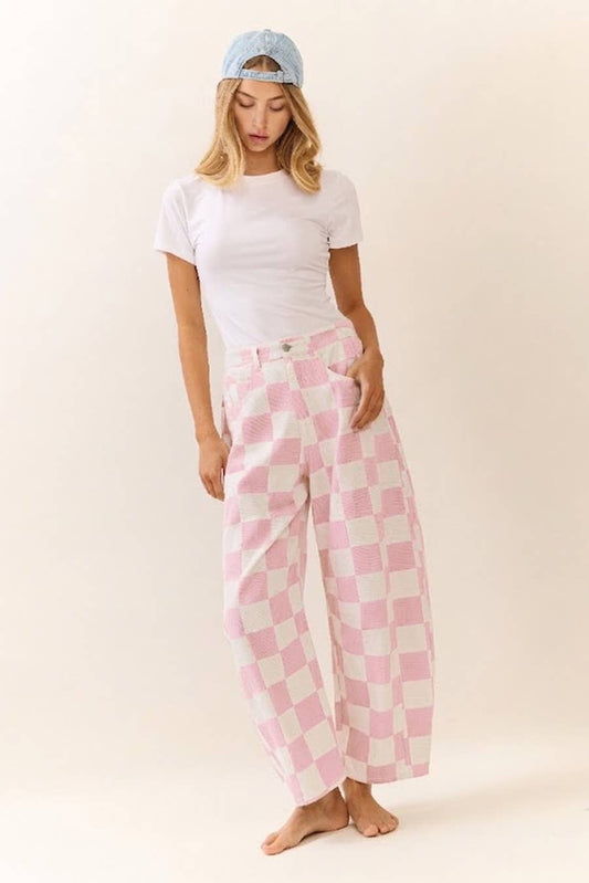Checkered Printed Barrel Denim Pants