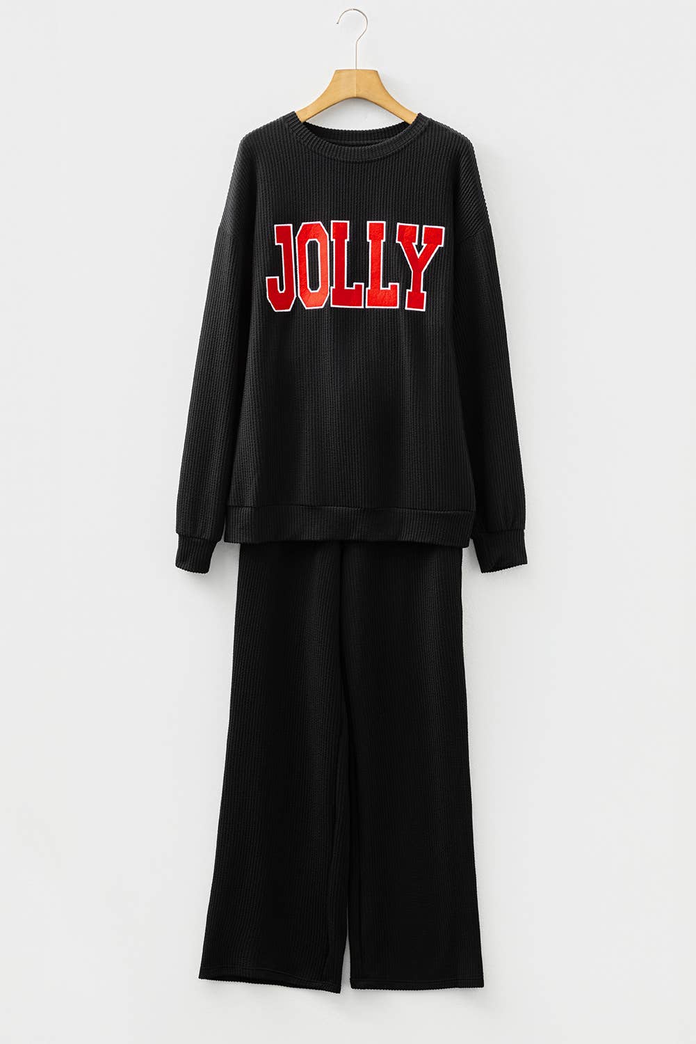 JOLLY/MERRY Ribbed Knit Long Sleeve Top and Pants Set (S-XL)